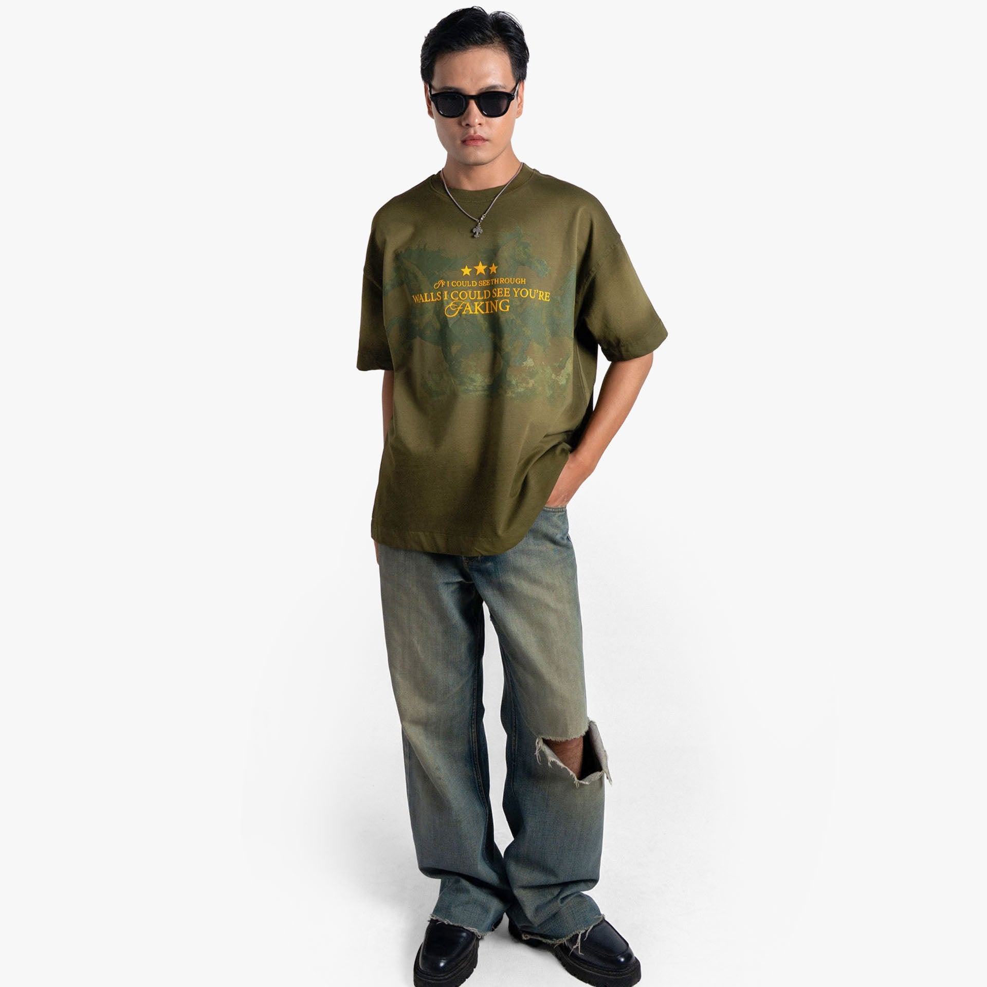 Khaaki Oversized T-shirt Olive Fade Wash - Faking Fades