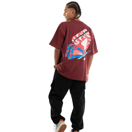 Back model view of Butterfly Maroon Oversize T-Shirt