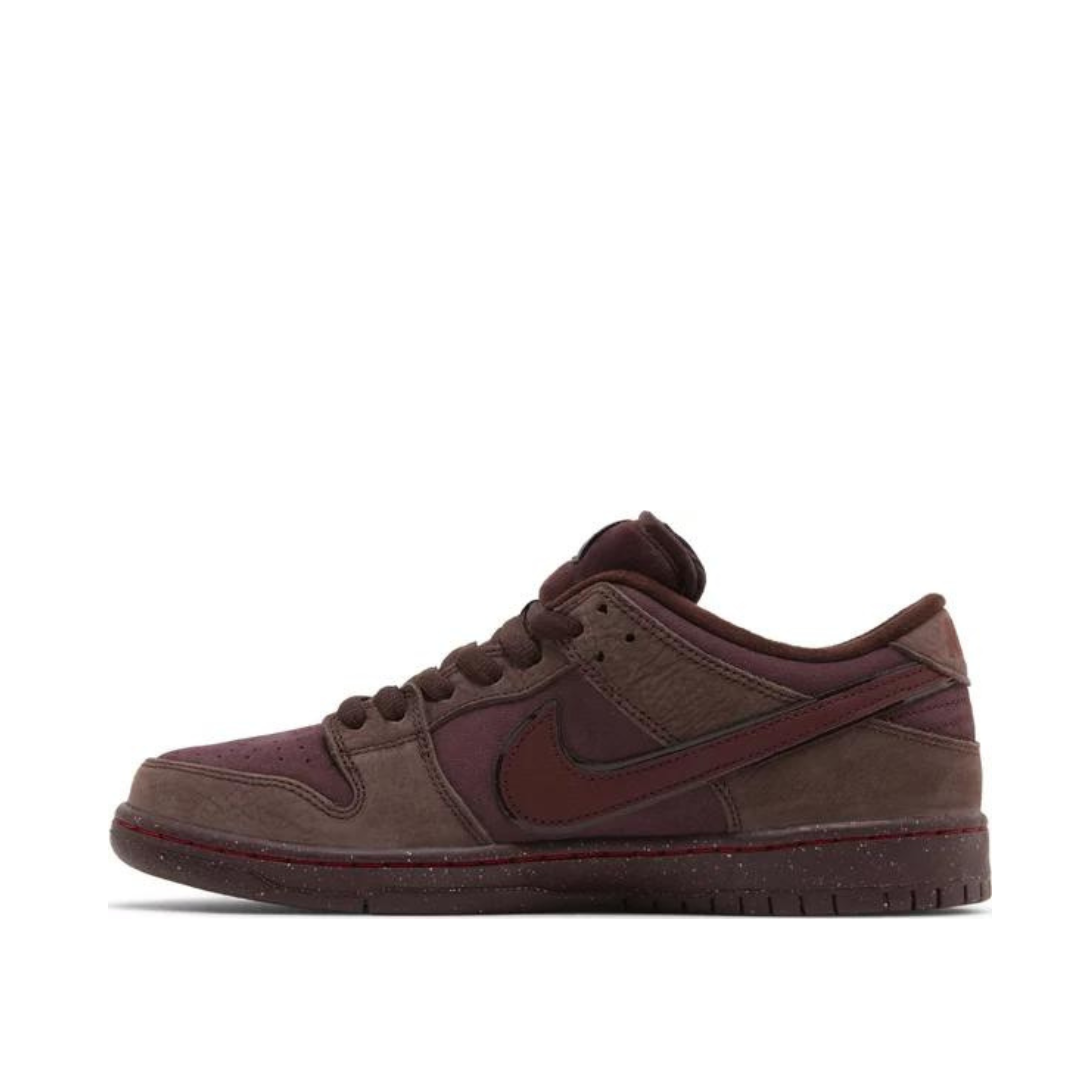 side view of Nike Dunk Low SB CITY OF LOVE - Burgundy Crush; left pair