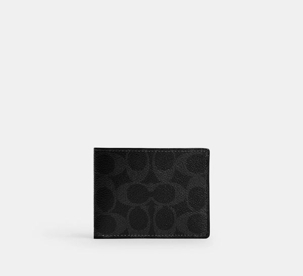 Coach Slim Billfold Wallet In Signature Canvas - Black/Smooth Leather/Signature Coated Canvas