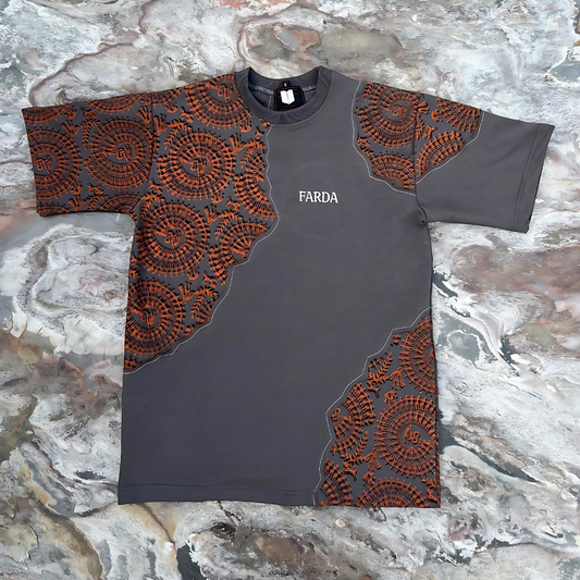 Front view of Farda Sunfest Blockprinted Grey T-Shirt