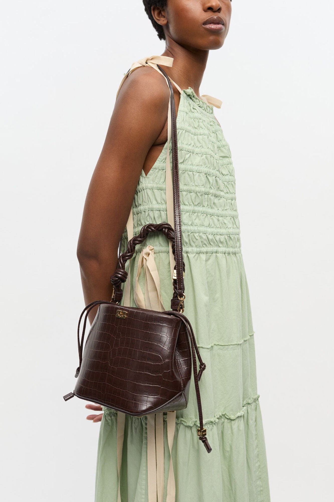GANNI Brown Croco Bou Bucket Bag - Chocolate Fondant