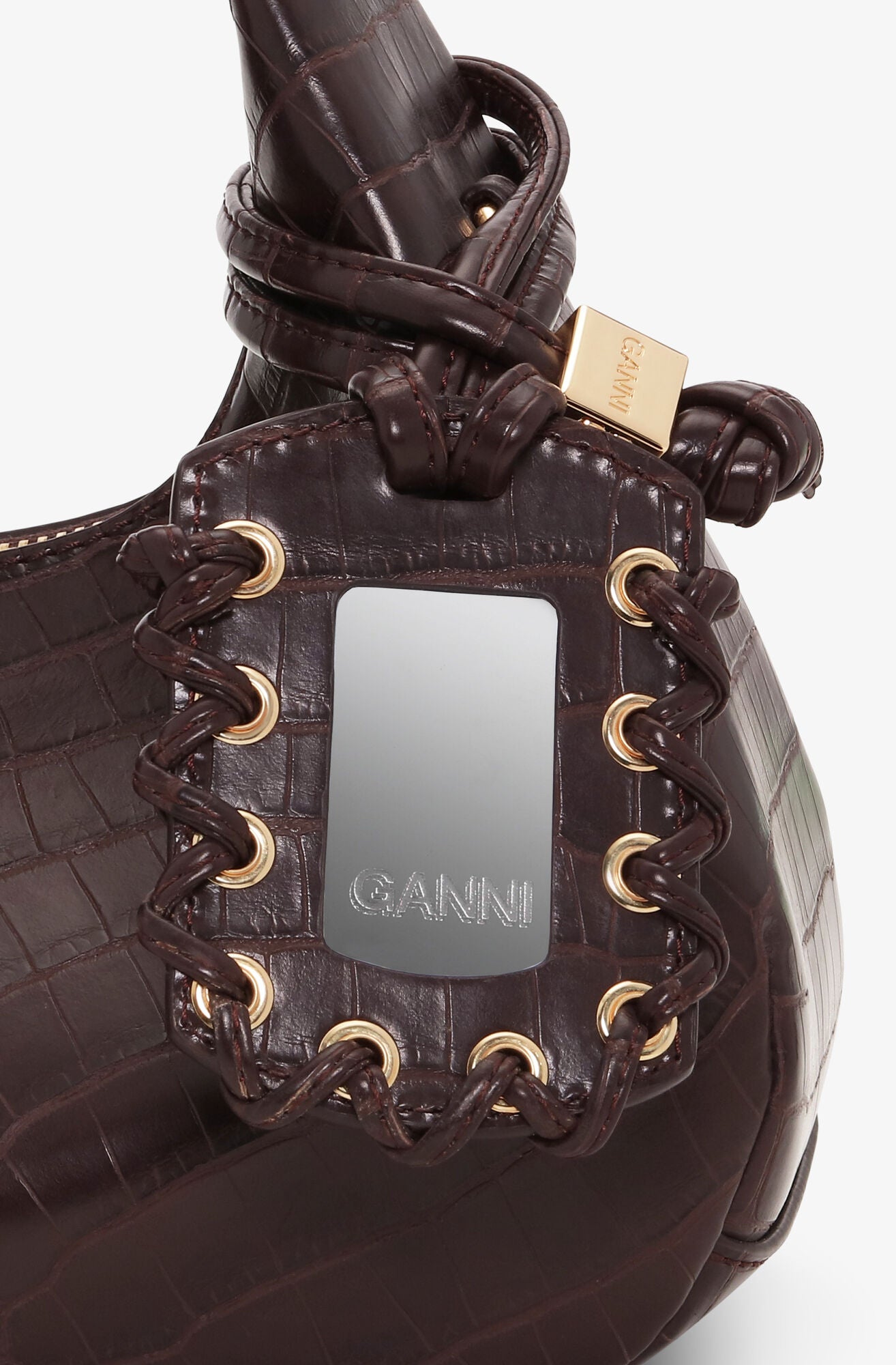 GANNI Brown Croco Mini Hobo Bag - Chocolate Fondant