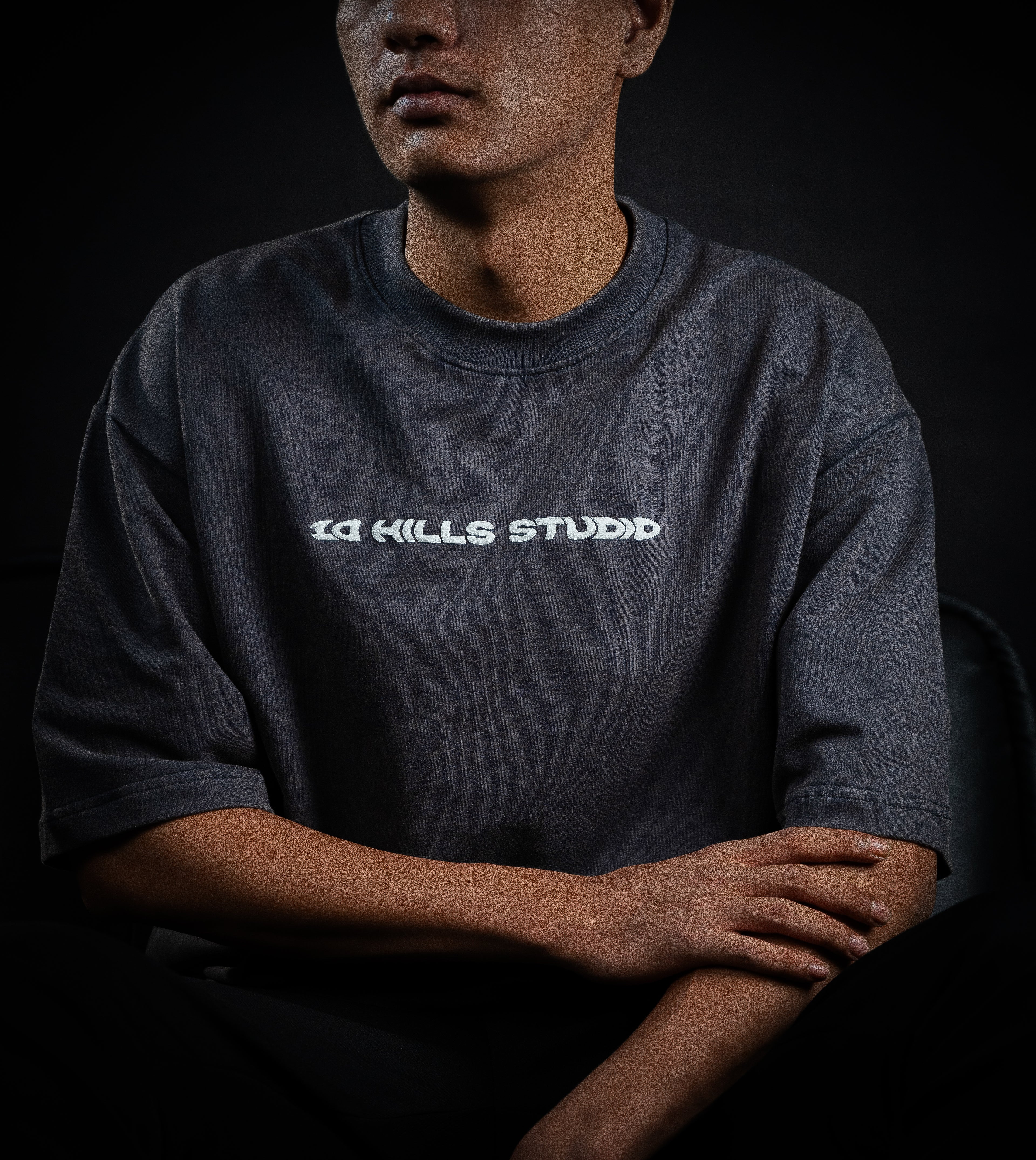 Model wearing the 10 Hills Studio Vintage Black Logo Tee