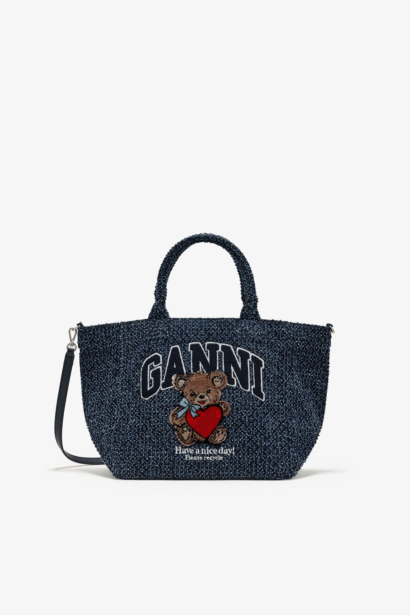 GANNI Tweed Denim Small Bear Tote - Rinse
