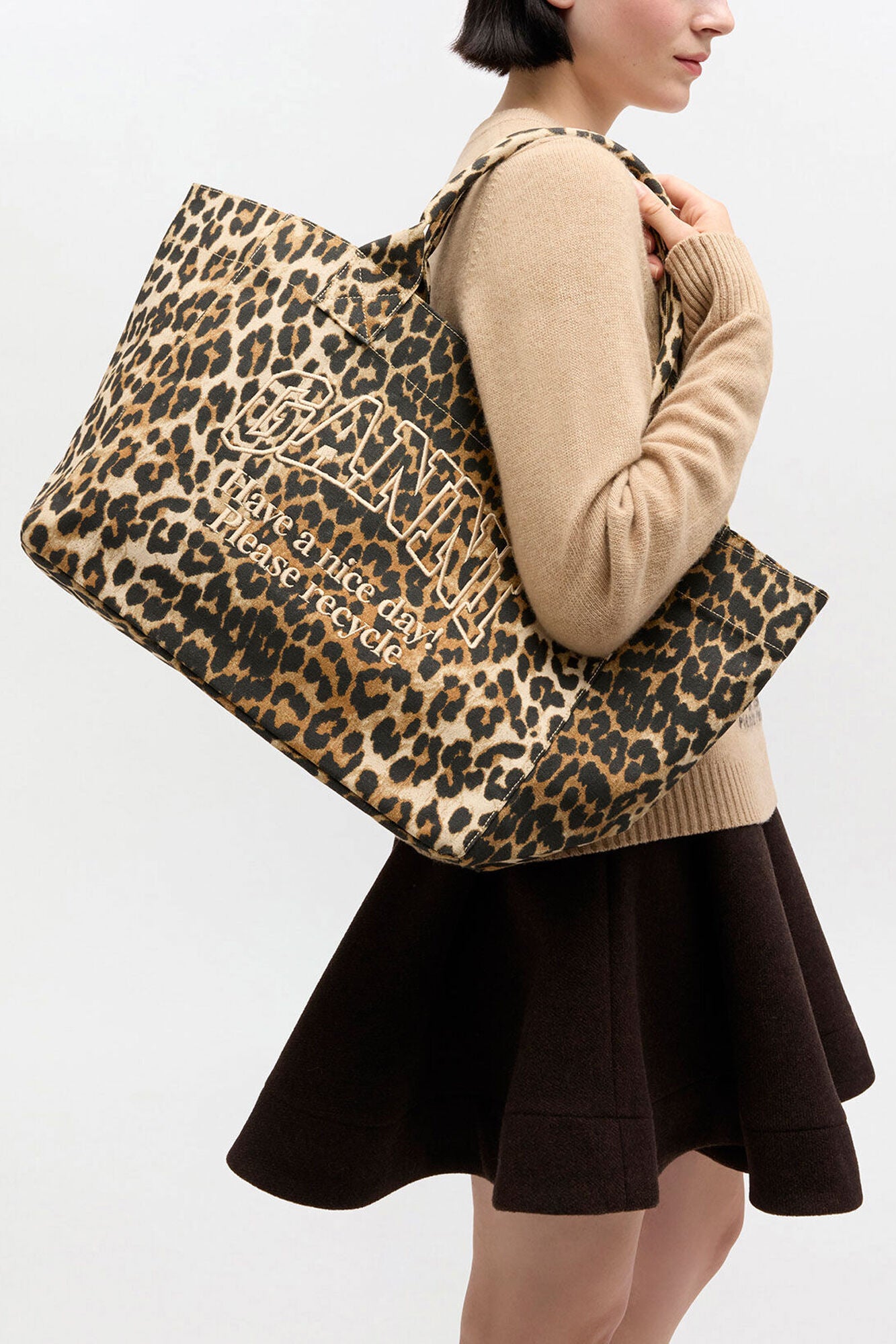 GANNI Leopard Medium Tote - Almond Milk