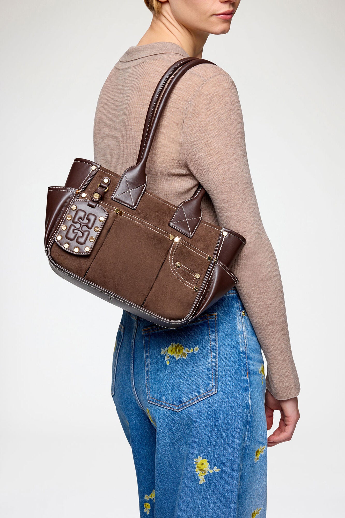 GANNI Small Posy Bag in Brown Suede - Chicory Coffee
