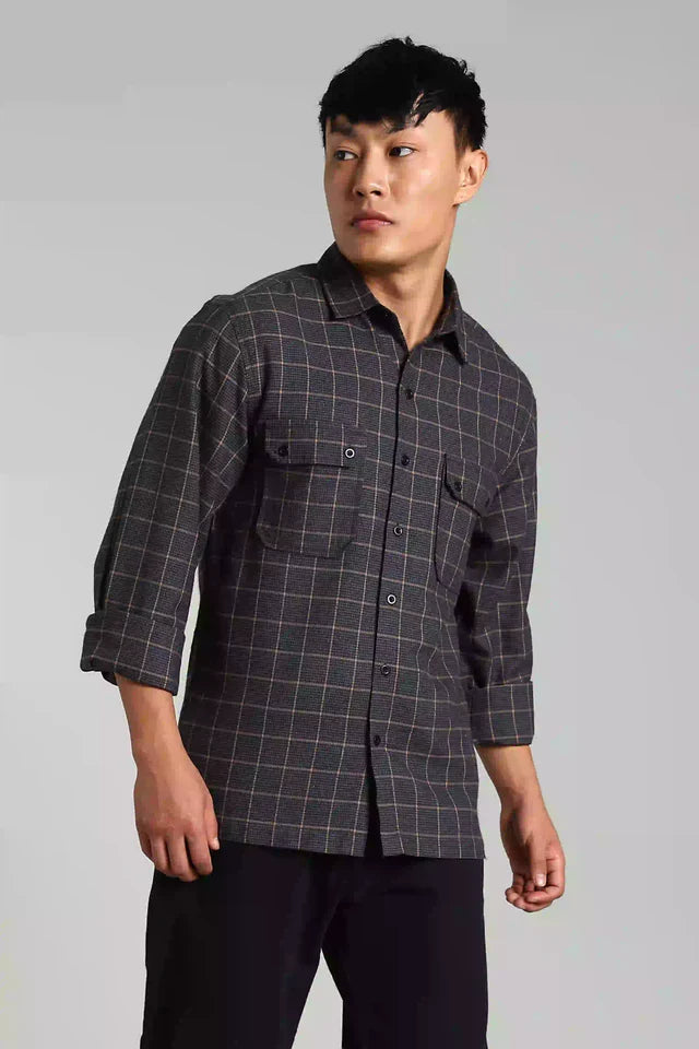 LYVN Regular Fit Checked Shacket - Navy Blue