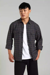 Regular Fit Checked Shacket - Navy Blue