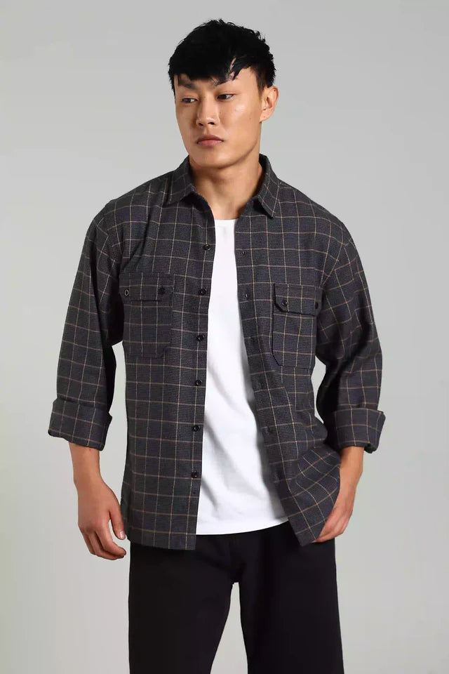 LYVN Regular Fit Checked Shacket - Navy Blue