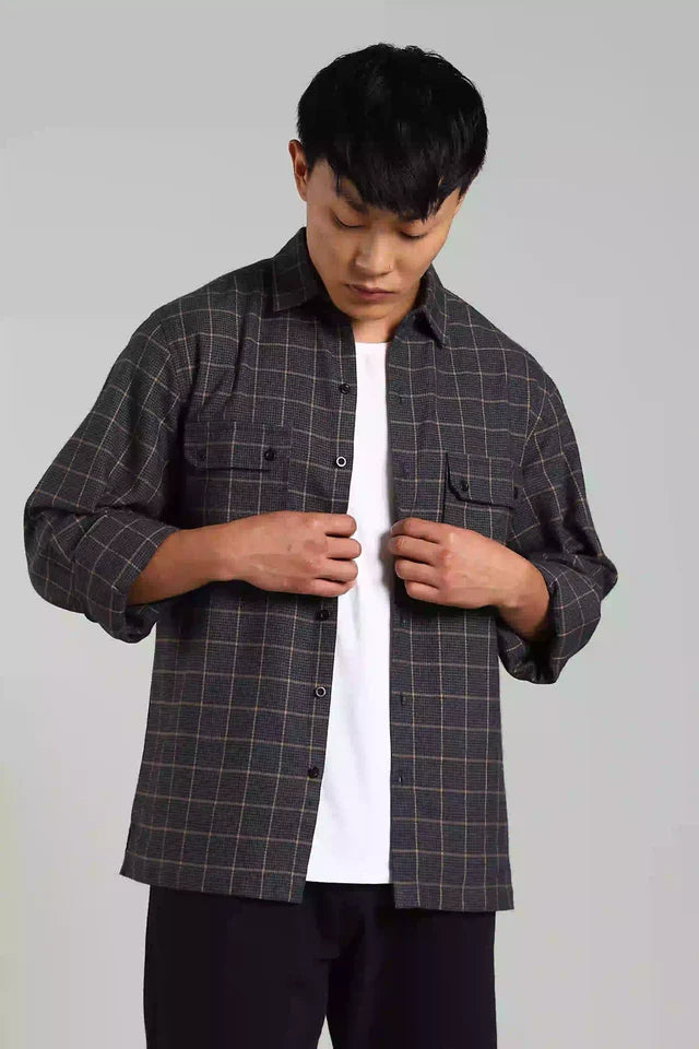 LYVN Regular Fit Checked Shacket - Navy Blue