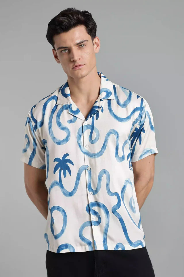 LYVN Relaxed Fit Palm Resort Shirt - White