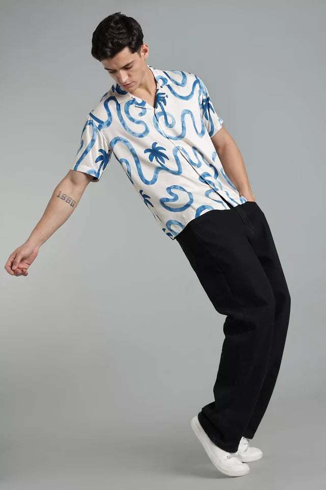 LYVN Relaxed Fit Palm Resort Shirt - White