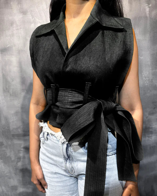 Rising Among Noir Tie Up Vest - Black