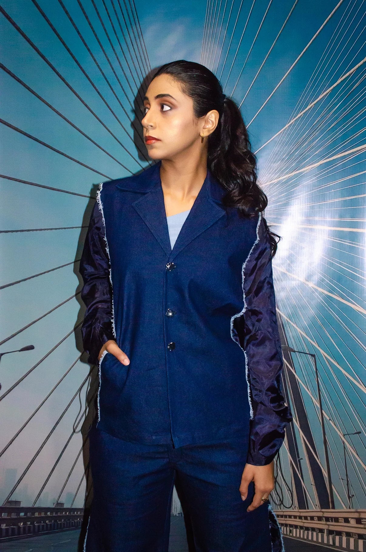 Rising Among Denim Fray Blazer - Blue
