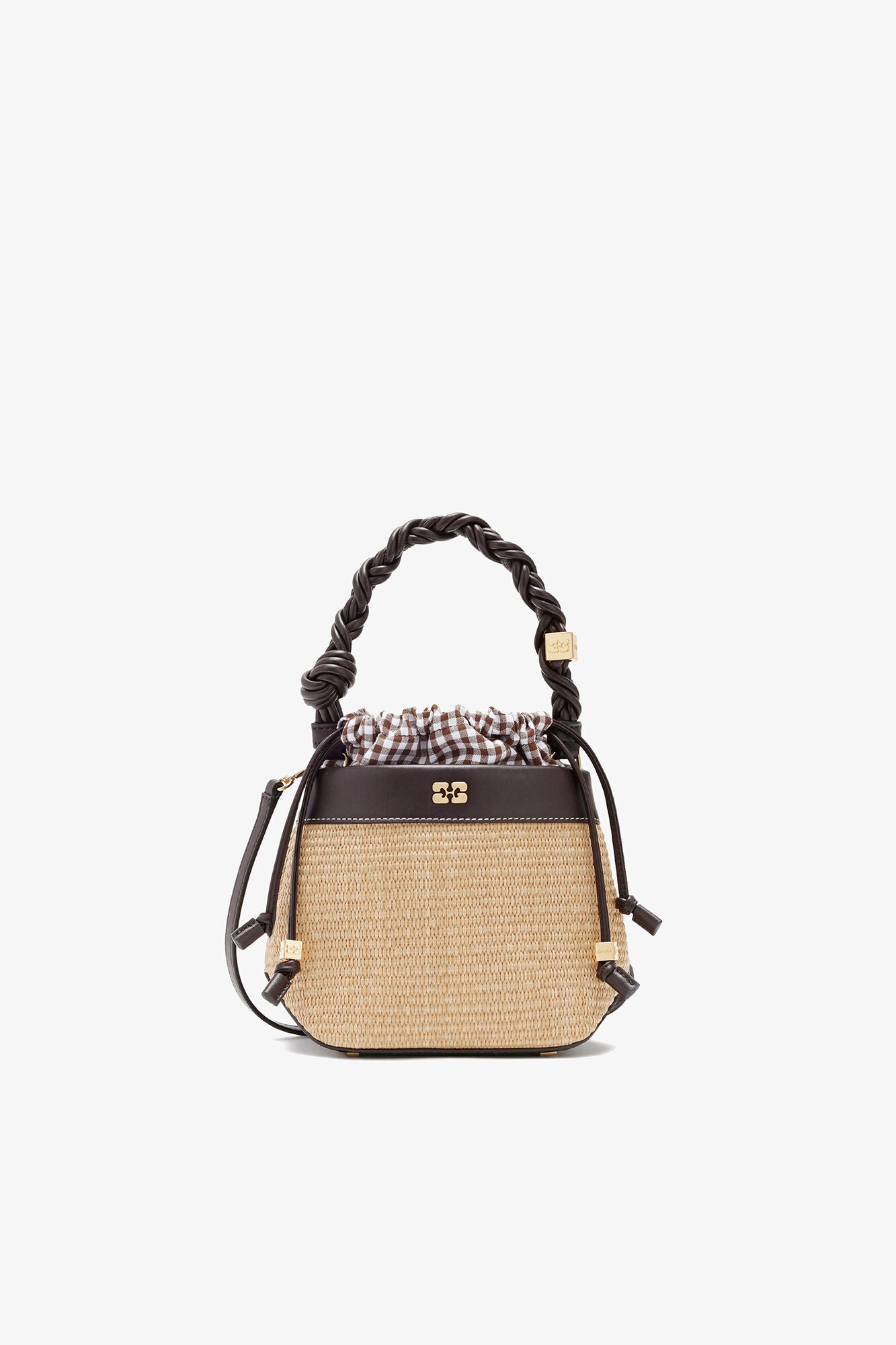 GANNI Bou Bucket Bag in Straw - Seal Brown