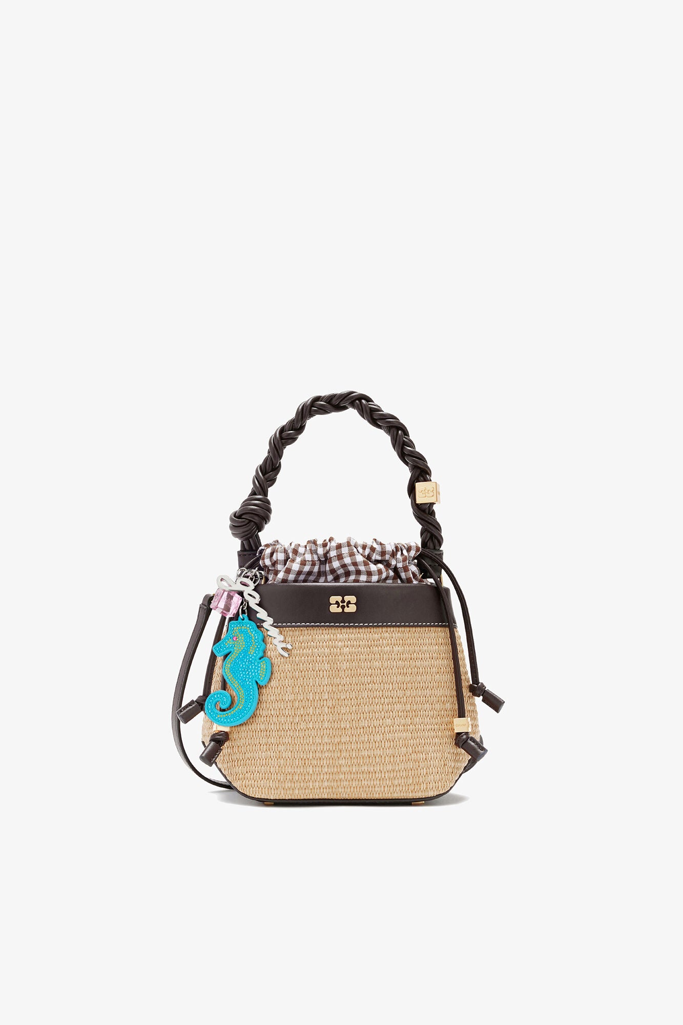 GANNI Bou Bucket Bag in Straw - Seal Brown