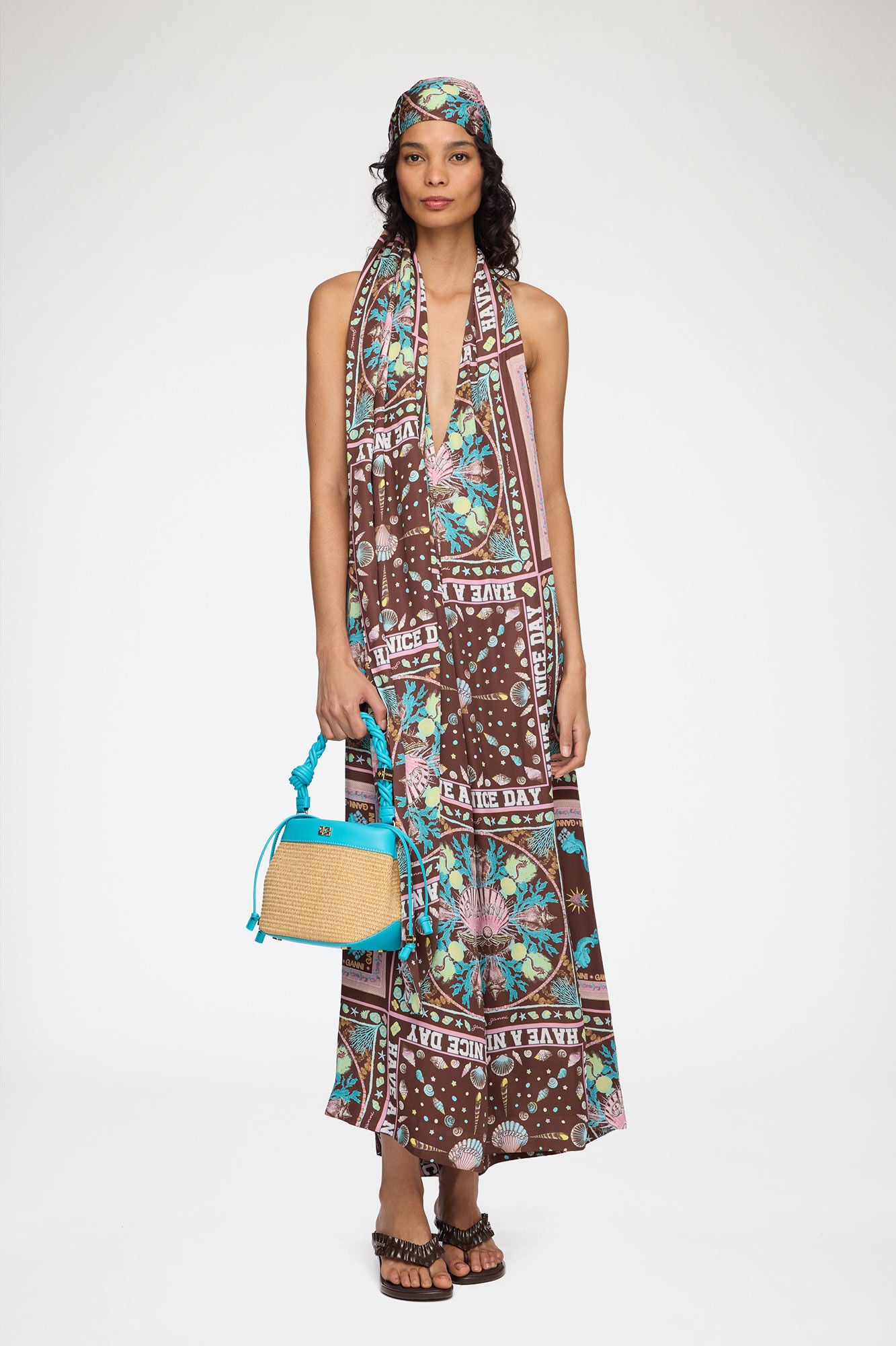 GANNI Bou Bucket Bag in Straw - Scuba Blue