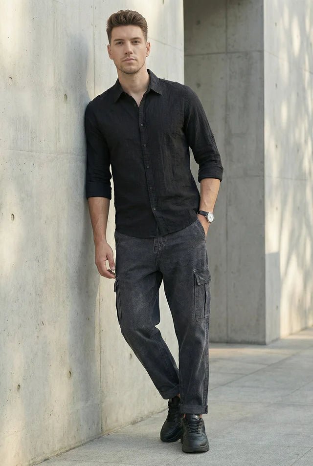 LYVN Relaxed Fit Self - Textured Shirt - Midnight