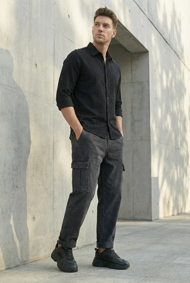 LYVN Relaxed Fit Self - Textured Shirt - Midnight