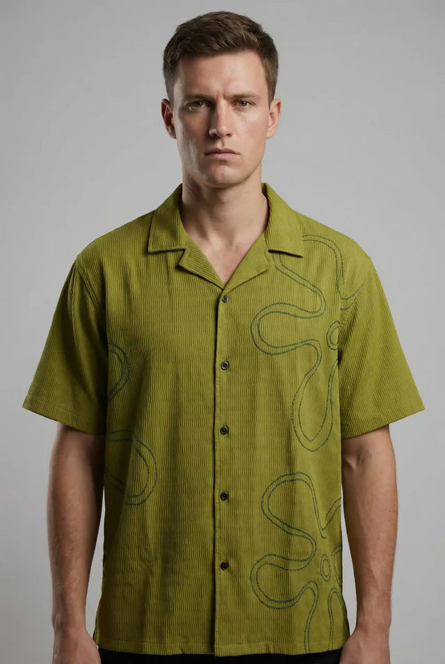 LYVN Regular Fit Floral Embroidered Shirt - Green