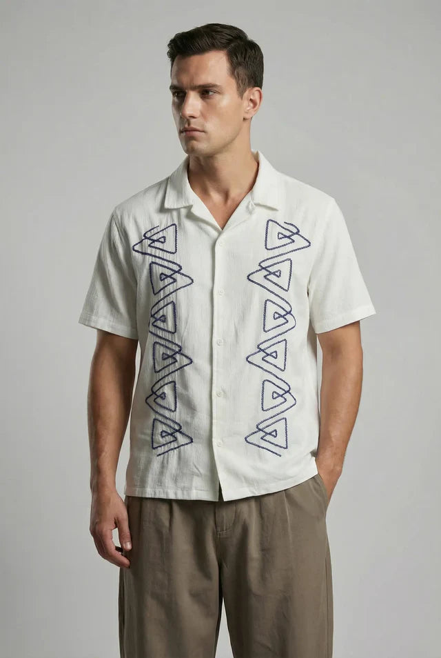 LYVN Relaxed Fit Blue Embroidered Shirt - White