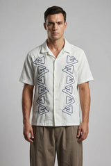Relaxed Fit Blue Embroidered Shirt - White