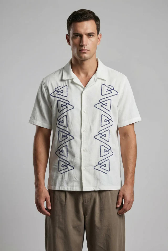 LYVN Relaxed Fit Blue Embroidered Shirt - White