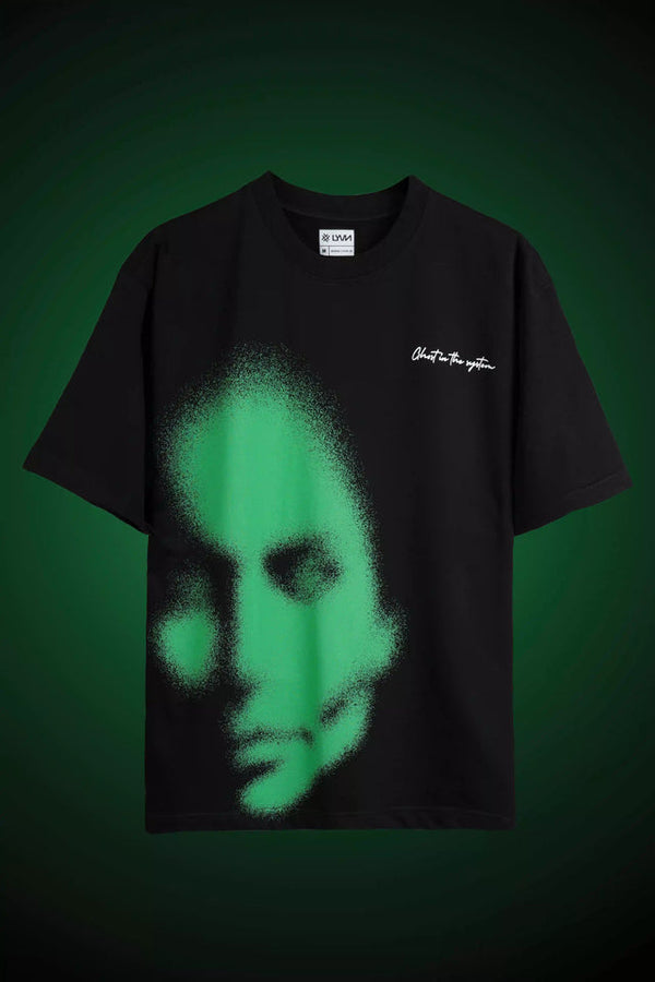 LYVN Oversized T-Shirt Black - Green Abstract Face - reference