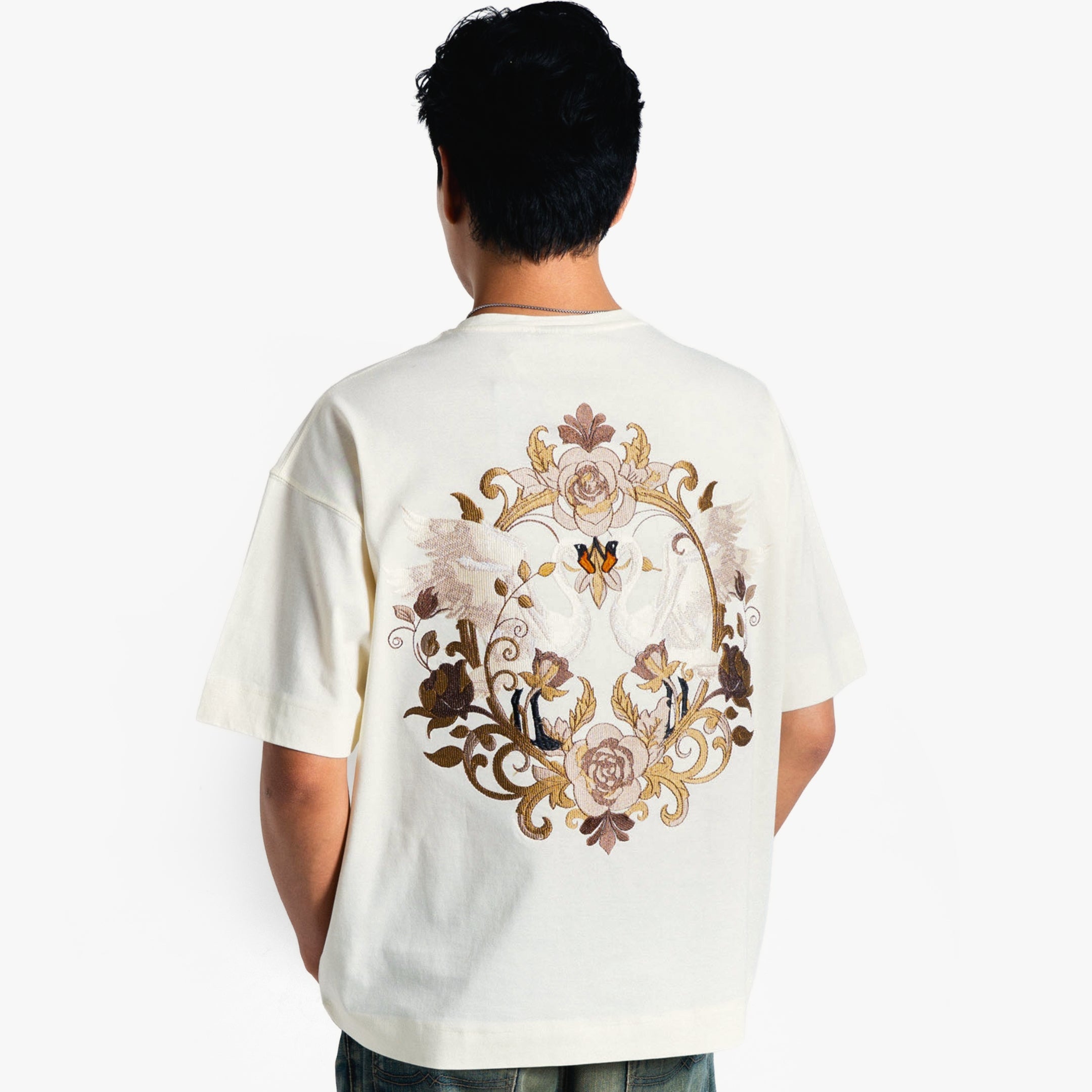 Khaaki Oversized T-shirt Off White Embroidered - The Swan Opera