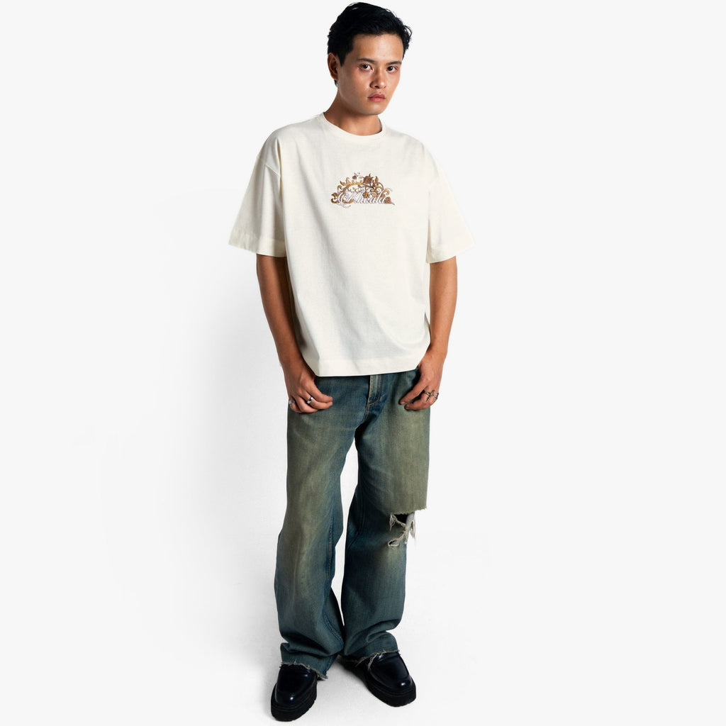 Khaaki Oversized T-shirt Off White Embroidered - The Swan Opera