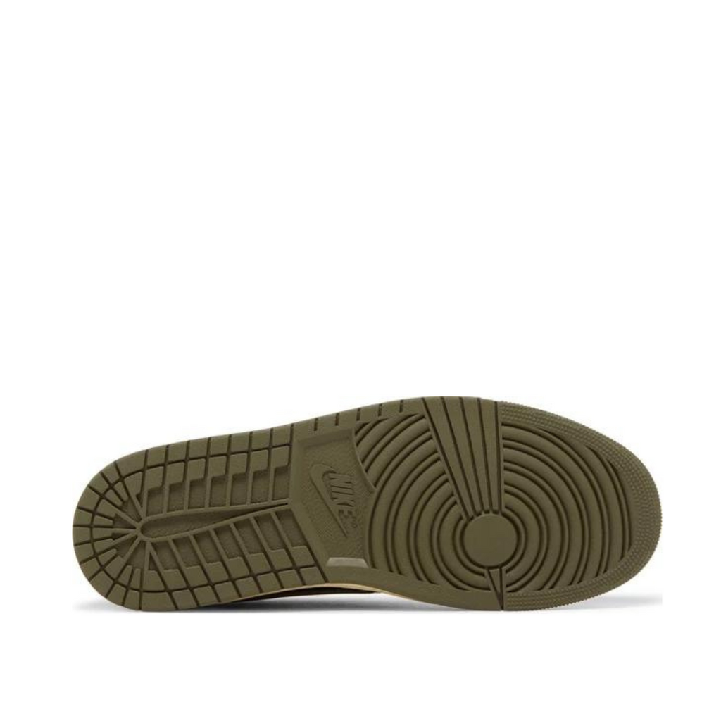 Bottom sole view of Travis Scott x Air Jordan 1 Retro Low OG 'Olive'