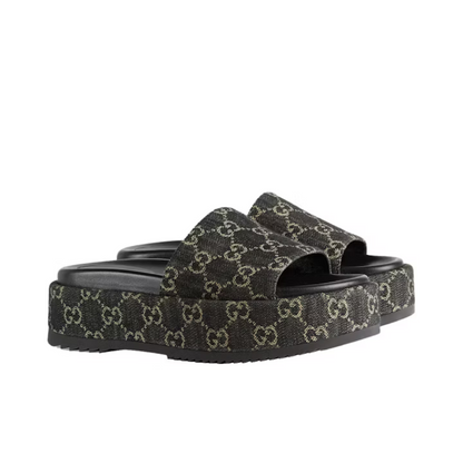 Gucci Angelina Platform 55mm Sandal Black Jacquard Denim