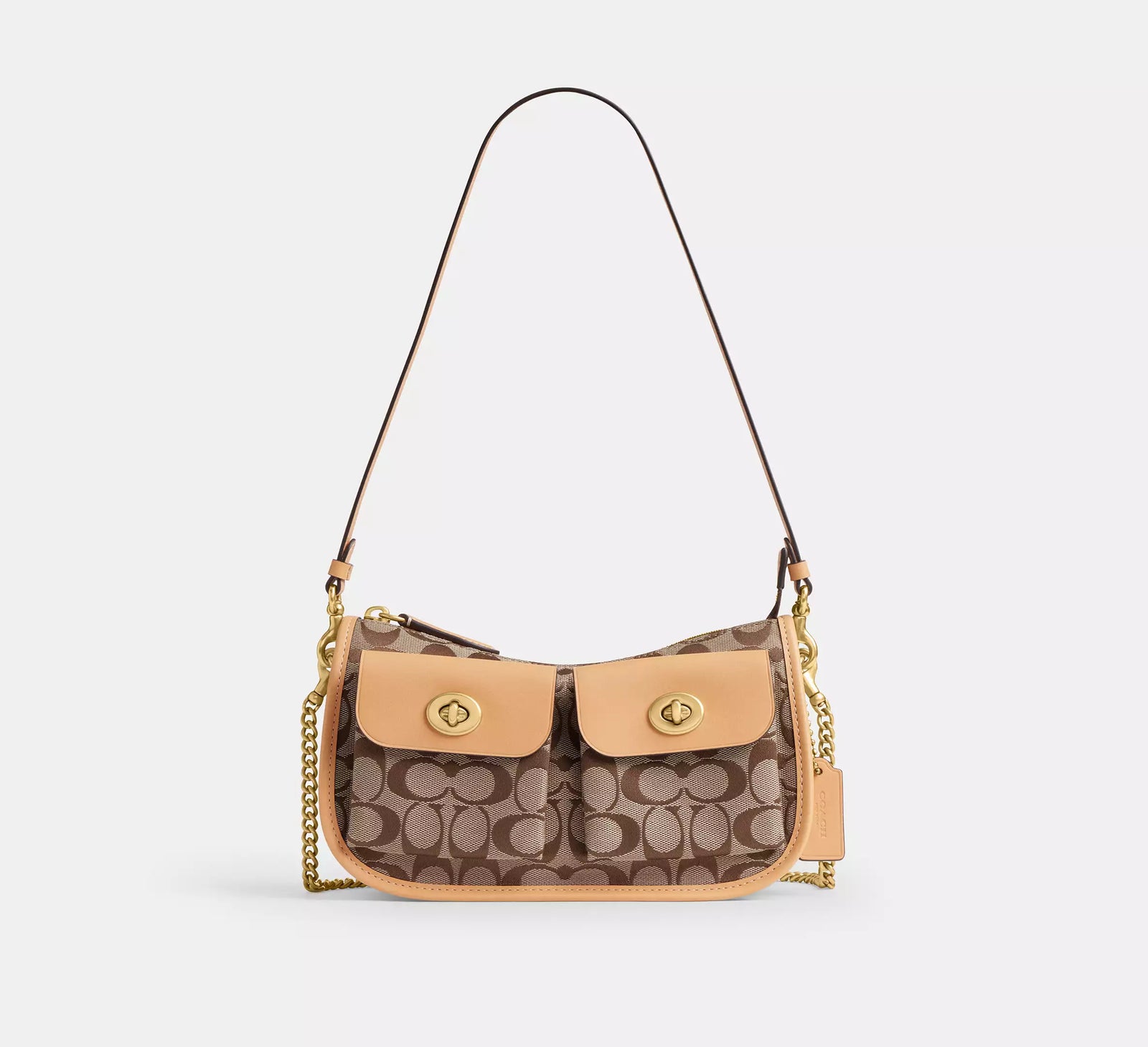 Twin Turnlock Waverly Bag In Signature Jacquard - Khaki Light Peach/Brass
