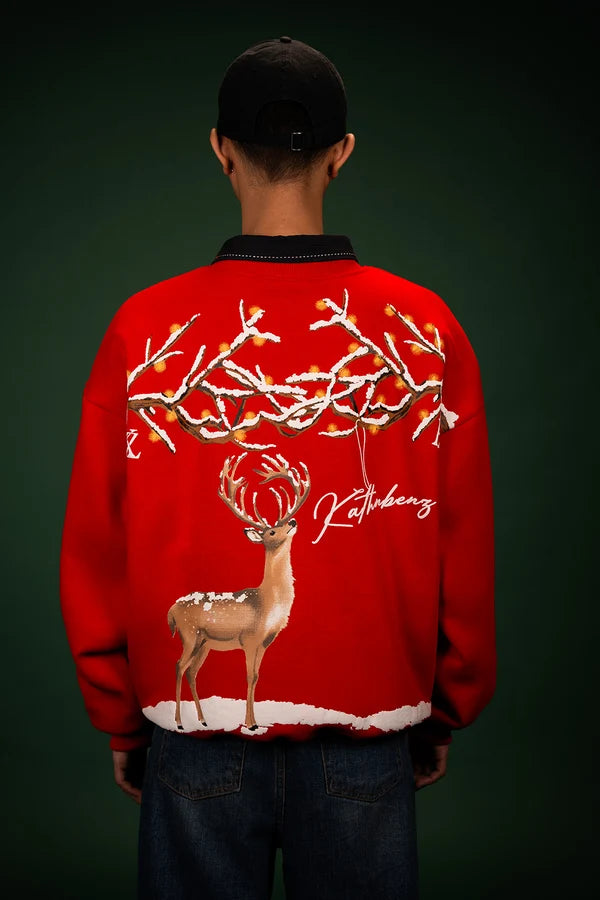 Kathnbenz Oversized Red Crimson Sweatshirt -  Deer