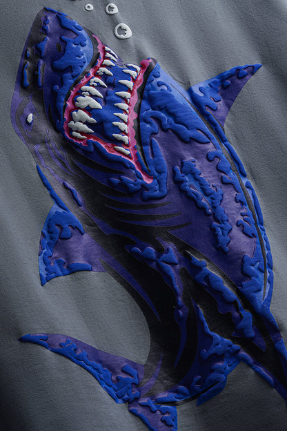 Close up of puff print of Bubbly Shark Tee