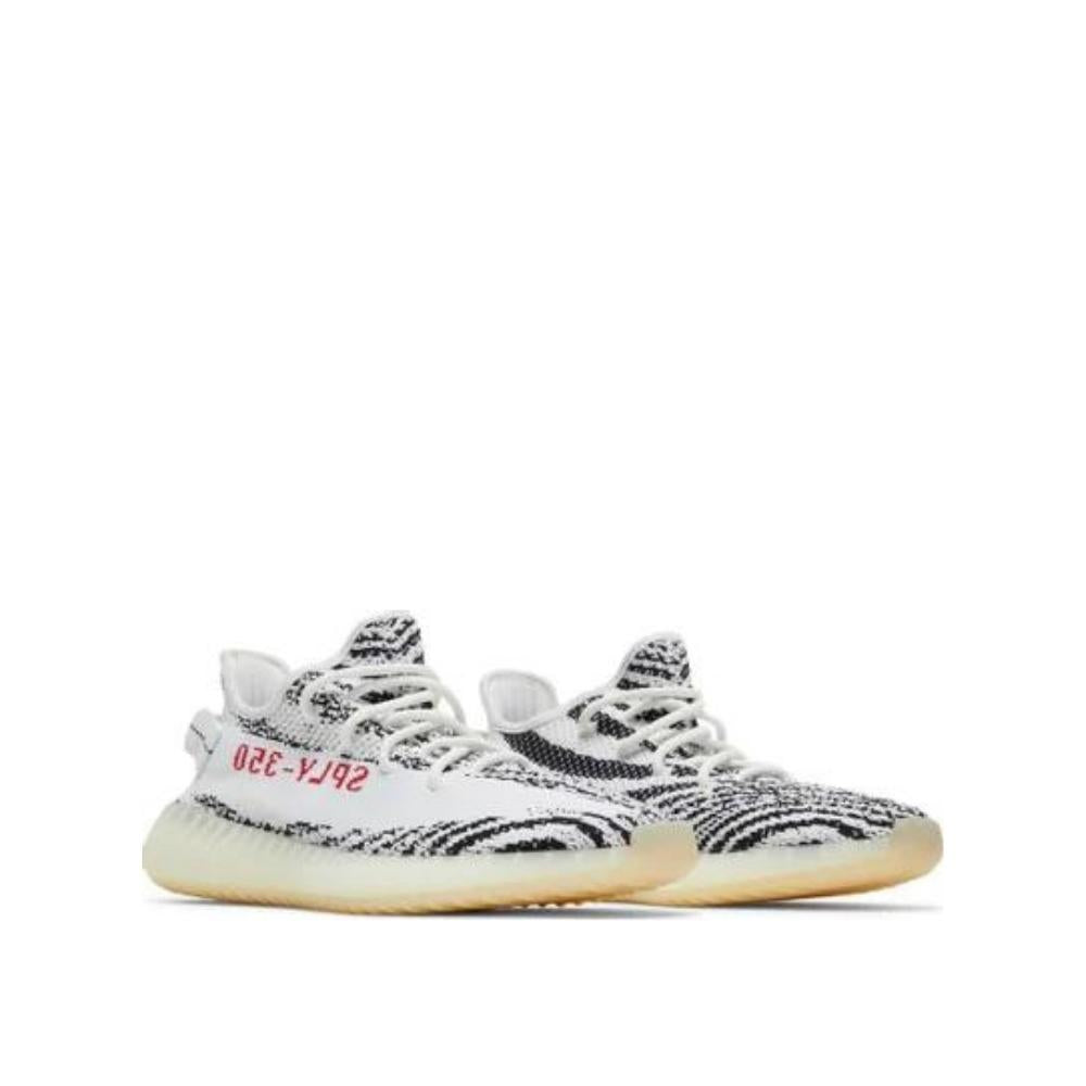 Angled view of Adidas Yeezy 350 v2 Zebra
