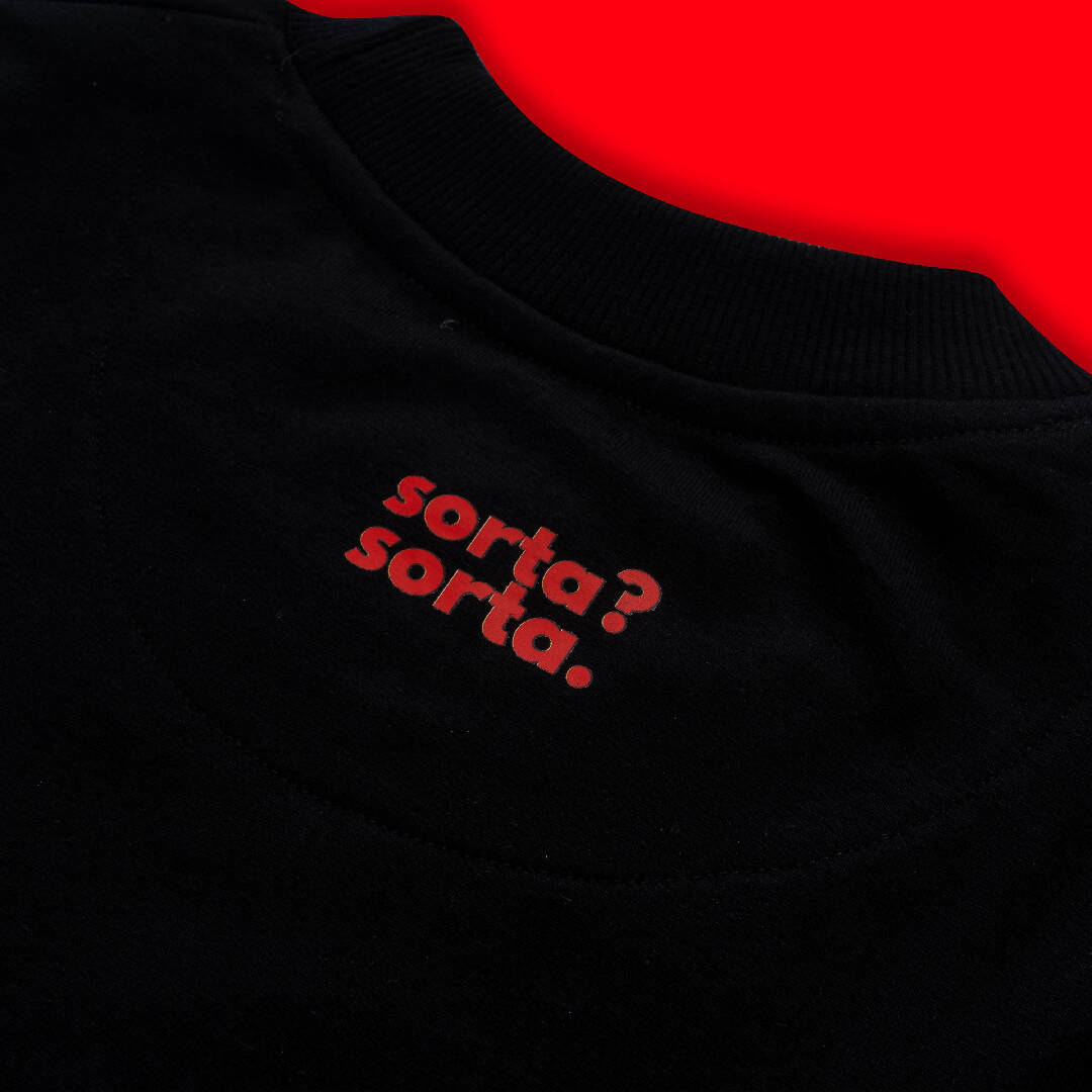 Closeup view of back branding of Sorta Club Pause T-Shirt