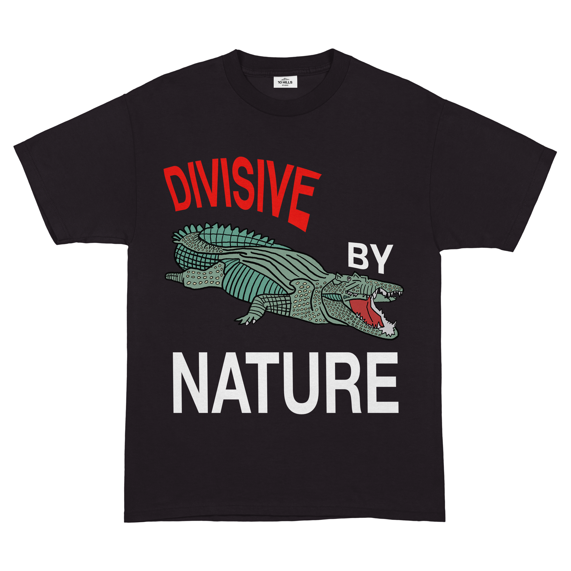 Front view of 10 Hills Studio Unisex 'Divisive By Nature' Black Boxy Tee