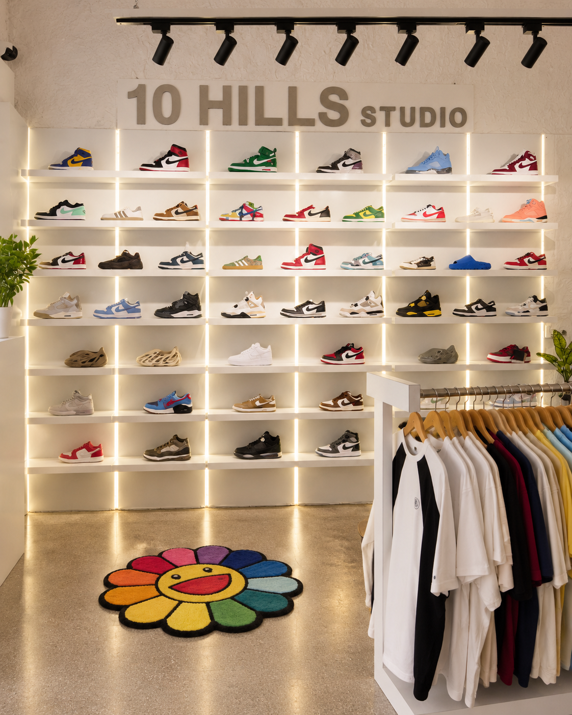Sneaker wall under the 10 Hills Studio sign, Elgin Road, Kolkata